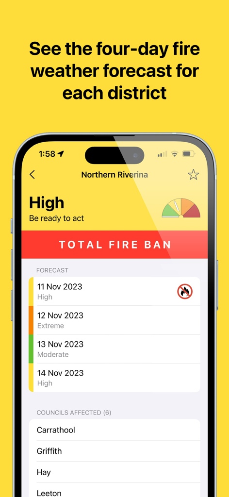 A screenshot of the Fire Danger NSW app showing a four day fire weather forecast and total fire ban notification for the Northern Riverina district