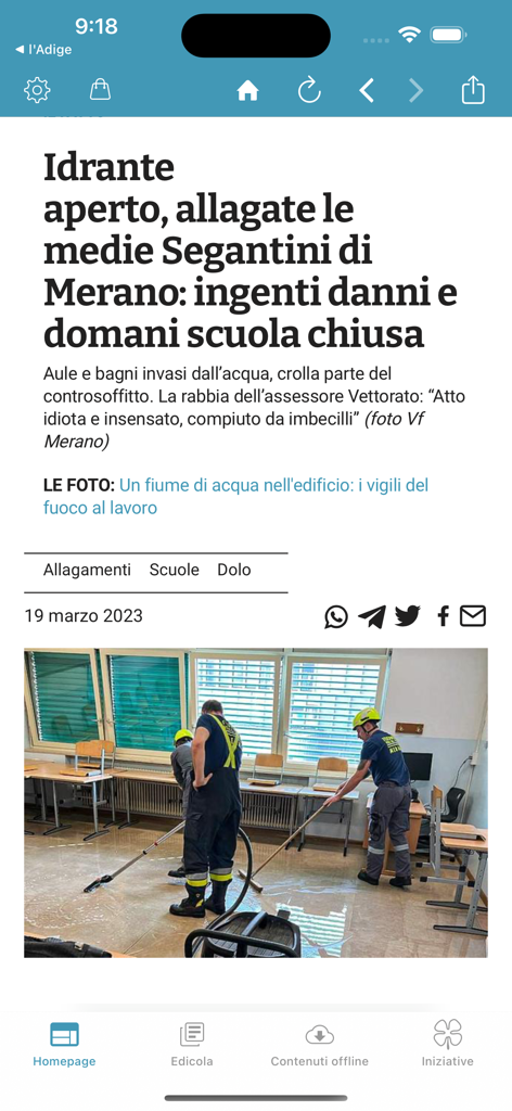 Alto Adige quotidiano - Artículo de noticias locales en la aplicación Alto Adige quotidiano informando sobre una inundación escolar en Merano