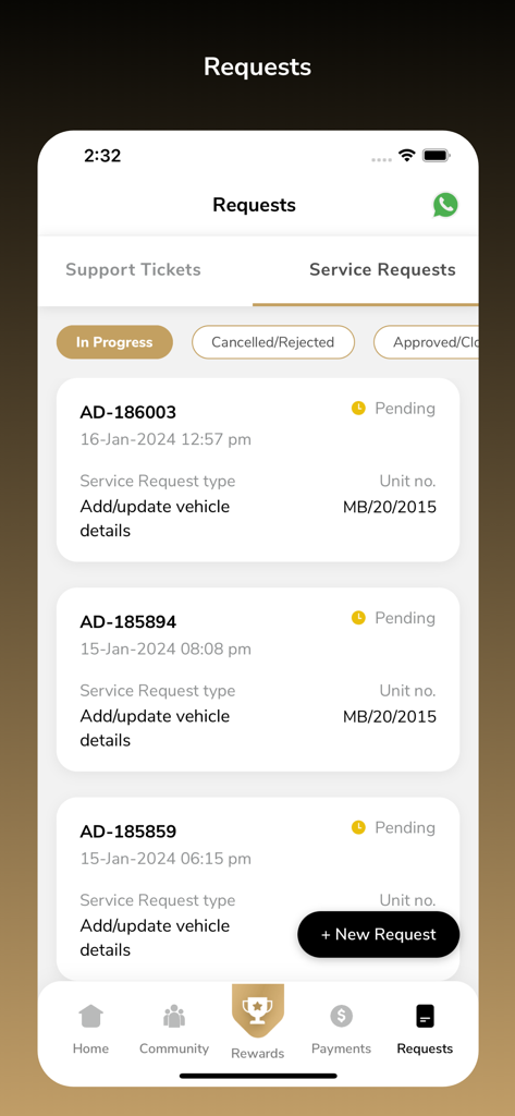 DAMAC Living - A screenshot of the DAMAC Living app showing a list of pending service requests and support tickets for property management.
