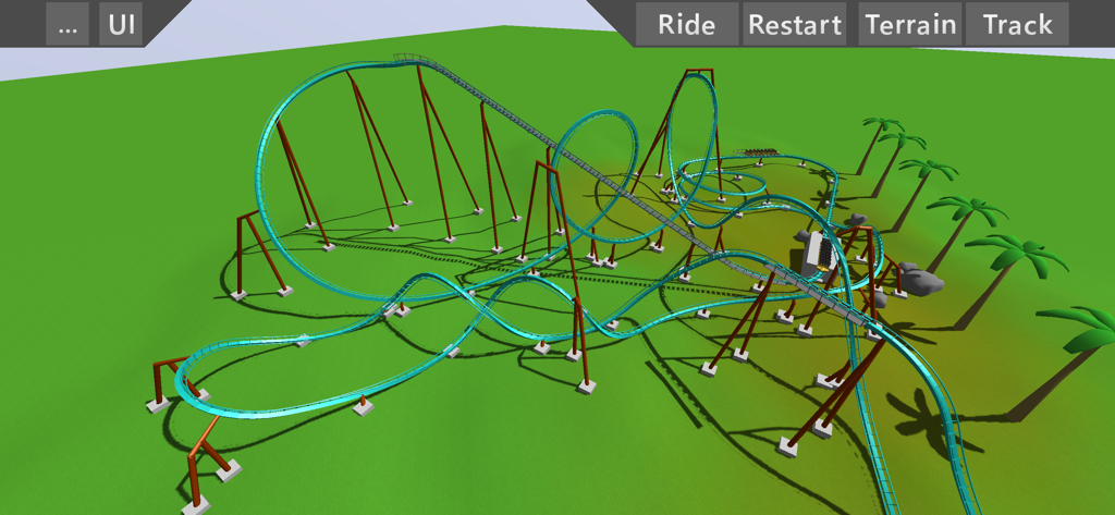 Ultimate Coaster 2 - A 3D view of a custom teal roller coaster track with loops and drops in a green landscape simulator