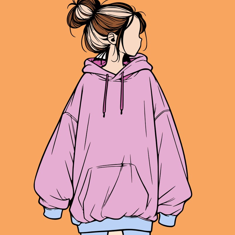 realistic girl with a oversized sweatshirt on and a bun