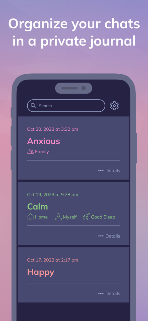 Youper: AI Mental Health - Una interfaz de aplicación móvil que muestra una lista de diario privado con entradas de estado de ánimo para Ansioso, Calma y Feliz categorizadas por fecha y etiquetas.