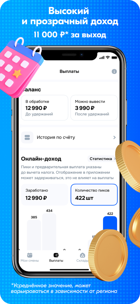 Ozon Job mobile app screen displaying earnings statistics and payout details for gig workers