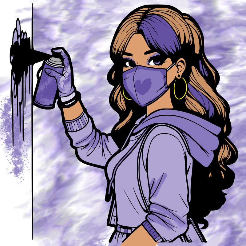 realistic girl with mask spray painting a wall