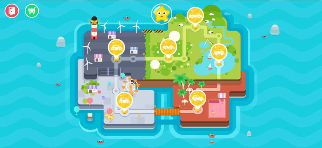 Un écran coloré de sélection de carte du monde montrant quatre îles thématiques différentes avec des icônes de voiture pour un jeu d'enfants.