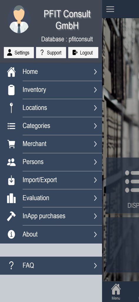 A sidebar navigation menu for the HITS Inventory Manager app showing options for inventory locations categories and settings