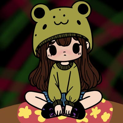 a girl wearing a frog hat and some frog socks