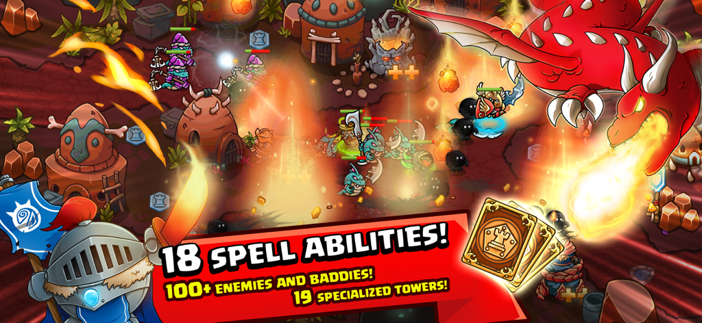 Crazy Kings Tower Defense Game - Crazy Kings Tower Defense Game battle scene featuring a fire breathing dragon and spell abilities banner