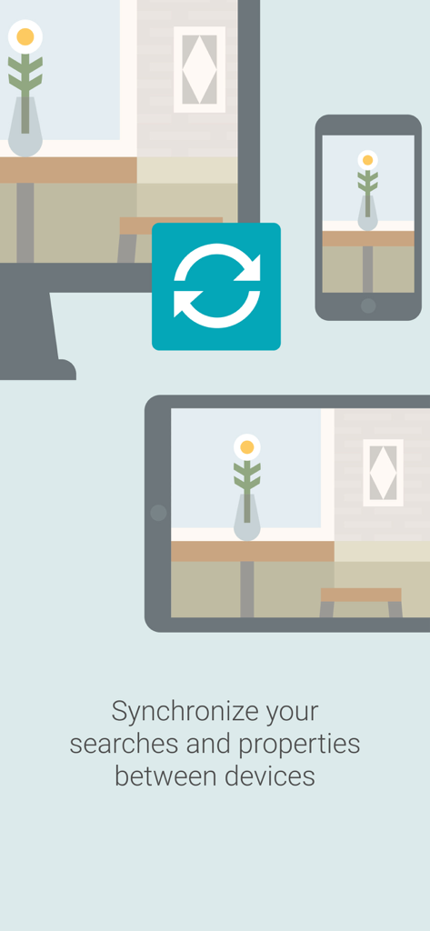 Spitogatos - Property Search - Graphic showing a sync icon connecting a smartphone tablet and desktop to synchronize real estate searches and properties