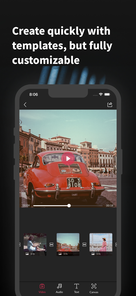 Slideshow Maker & Music Video - Oberfläche des Diashow-Erstellers von PicMusic mit einer Videovorschau eines roten Oldtimers und Werkzeugen zur Fotobearbeitung.