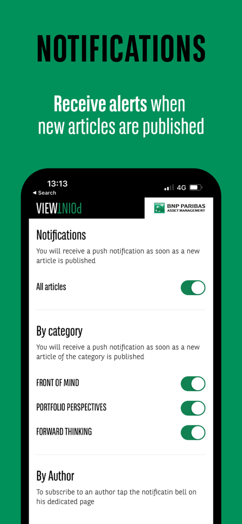 Notification settings screen in the Viewpoint by BNP Paribas app for customizing article alerts