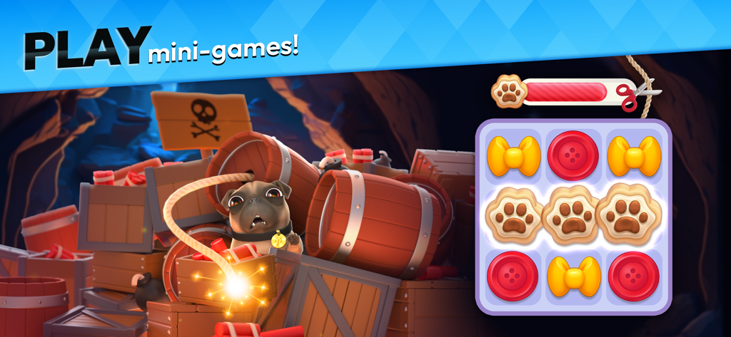 Makeover Match - Swap & Style - Um minijogo de Makeover Match mostrando um quebra-cabeça match-3 e um pug em uma caverna