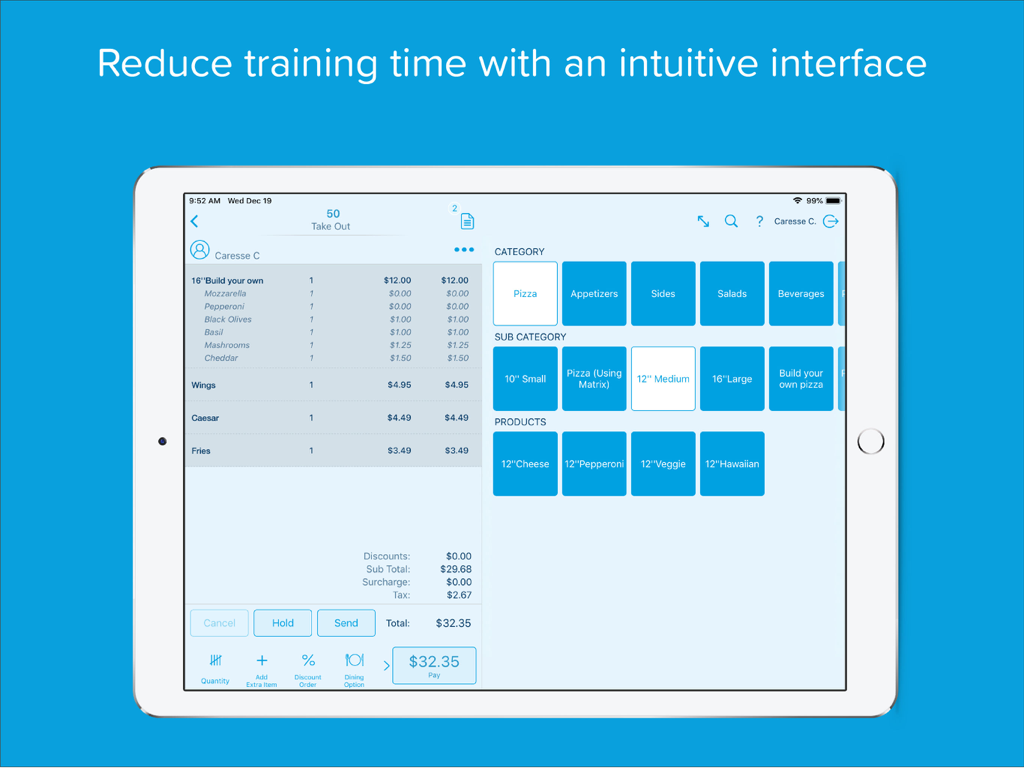 Revel POS - 2.79 - Revel POS app interface on an iPad displaying a restaurant order for pizza and side dishes