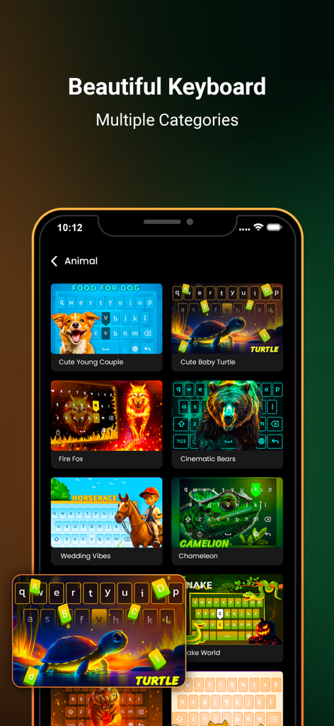 Selection of vibrant animal keyboard themes in the Neon LED Keyboard app
