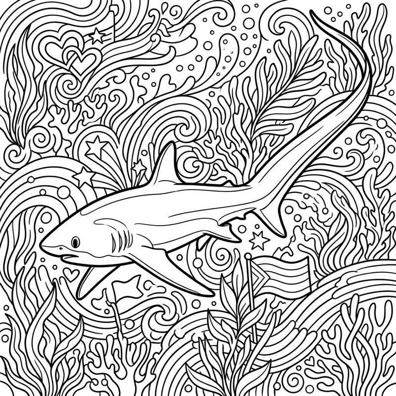 Immerse yourself in the vibrant spirit of Pride Month with this unique thresher shark coloring page. Discover a majestic thresher shark swimming through an ocean filled with symbols of love and diversity, ready for your creative touch.