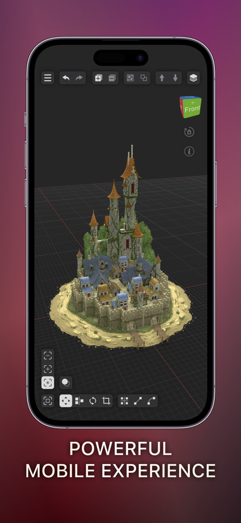 Benutzeroberfläche der Voxel Max App auf einem Smartphone, die eine detaillierte 3D-Voxel-Burg zeigt.