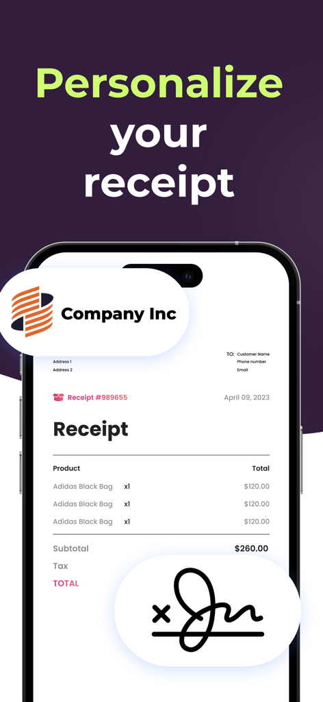 A smartphone screen displaying a professional digital receipt with a custom company logo and signature.