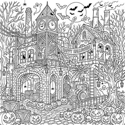 Unleash your creativity with this detailed Halloween coloring page featuring industrial ruins. An abandoned factory complex is transformed into a spooky spectacle, complete with ghosts, pumpkins, and eerie decorations.