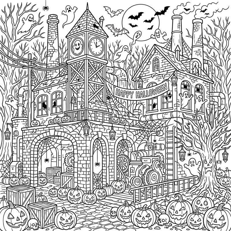 Unleash your creativity with this detailed Halloween coloring page featuring industrial ruins. An abandoned factory complex is transformed into a spooky spectacle, complete with ghosts, pumpkins, and eerie decorations.