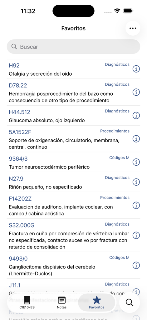 cie10-es - Favorites screen of the cie10-es medical app displaying saved ICD-10 diagnostic and procedure codes in Spanish.