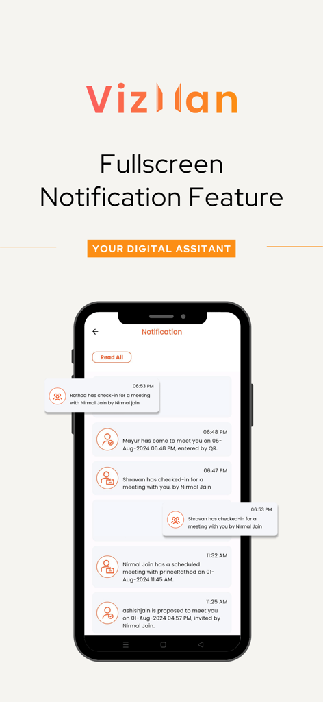 VizMan - Visitor Management - VizMan app screenshot displaying the fullscreen notification feature with visitor check-in and meeting updates.