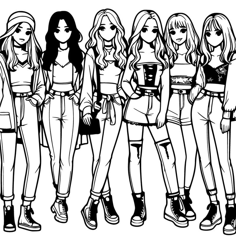 realistic group of girl friends wearing trendy outfits