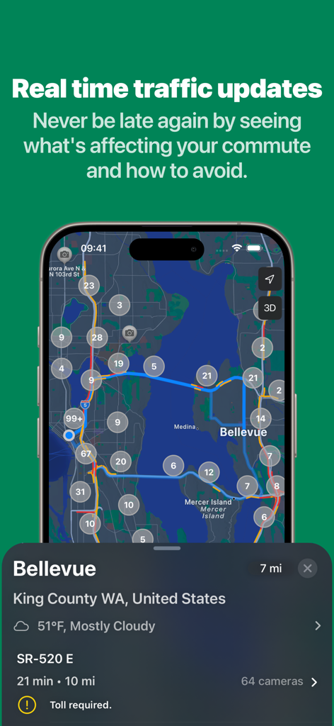 Mapa de tráfego em tempo real do Estado de Washington mostrando locais de câmeras e tempos de trajeto em Bellevue.