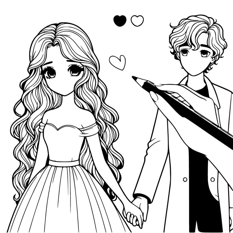 create a realistic girl’ with fine features, long hair, holding hands with a man with short curly hair