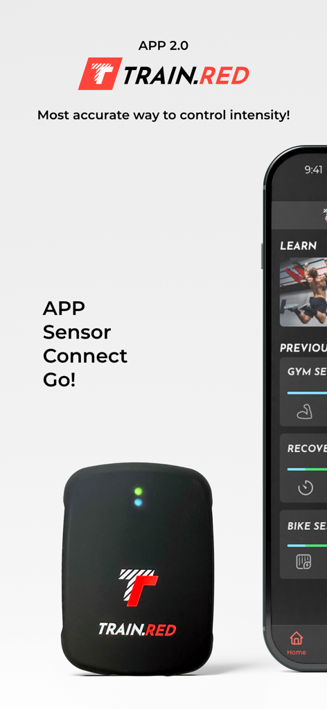 The Train.Red app interface displayed on a smartphone alongside its specialized NIRS muscle oxygen sensor.