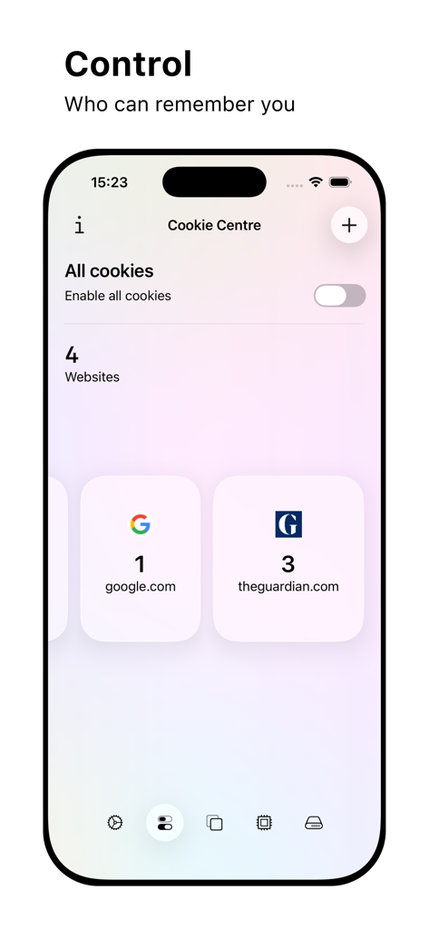 Web Browser - Privacy focused cookie management screen showing website tracking controls