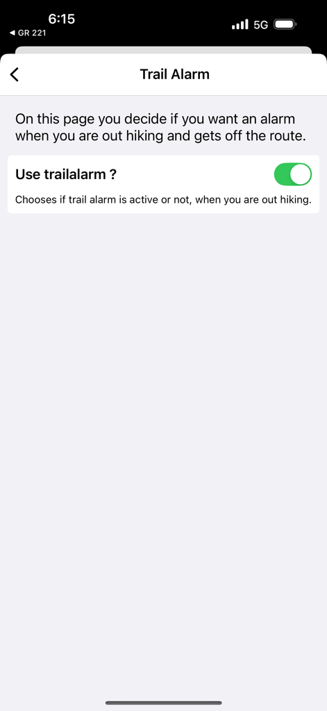 Malerweg - Germany - Trail Alarm settings screen with a toggle switch in the Malerweg hiking app
