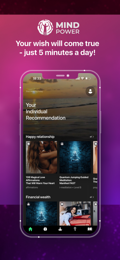 Mind Power: Guided Meditations - Pantalla de inicio de la aplicación Mind Power con recomendaciones de meditación guiada para el amor y la riqueza
