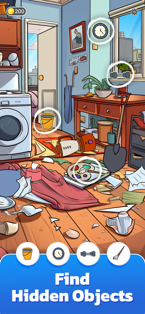 Find N Seek: Spy Hidden Object - Capture d'écran du jeu Trouve-N-Cherche montrant un puzzle d'objets cachés dans une buanderie en désordre.