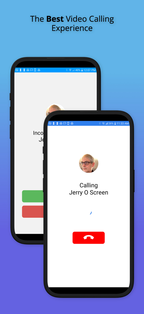 ONSCREEN Family - Senior Care - Interface of the ONSCREEN app showing an active video call and an incoming call screen for senior family members