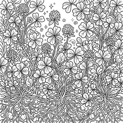 Dive into a lush landscape of shamrock plants with this captivating full-scene coloring page. Featuring intricate details from roots to blossoms, it promises hours of creative relaxation.