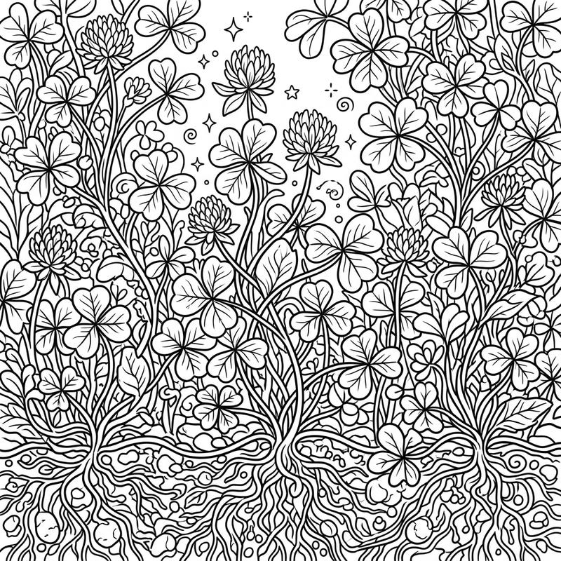 Dive into a lush landscape of shamrock plants with this captivating full-scene coloring page. Featuring intricate details from roots to blossoms, it promises hours of creative relaxation.