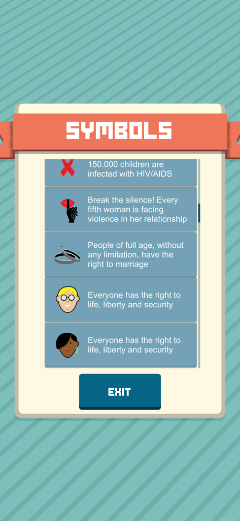 Story Dice - Human Rights - Uma lista de símbolos de direitos humanos e seus significados educacionais exibidos dentro do aplicativo Story Dice