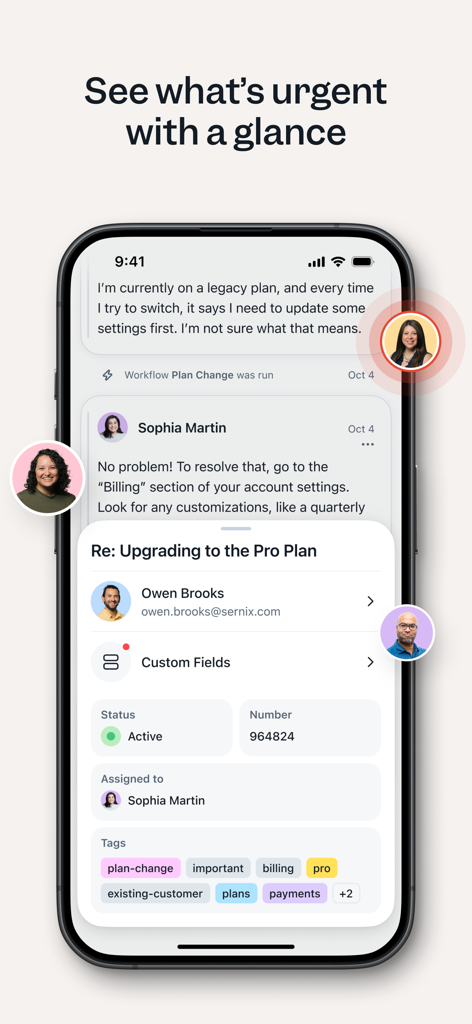 Help Scout - Help Scout iOS app showing a detailed customer conversation with status and tags