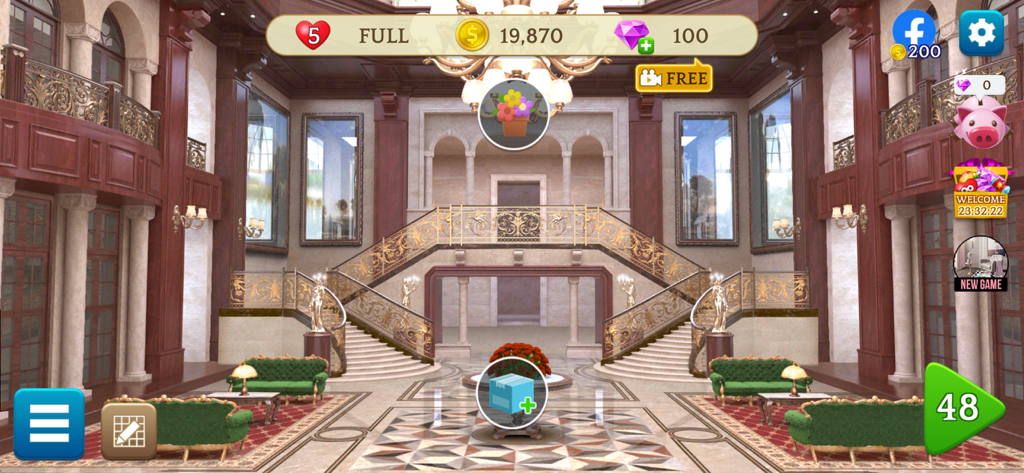 MyHome Design Hotel Renovation - Una lussuosa hall d'hotel con una grande scalinata doppia e divani in velluto verde in un gioco di design per la casa