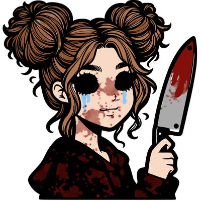 girl with messy buns holding a sharp plastic knife realistic