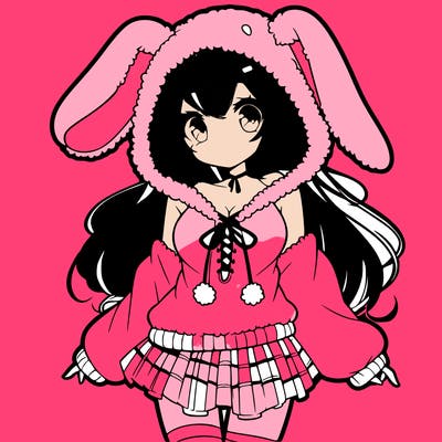 pretty anime girl wearing a fluffy hoodie with bunny ears on the hood and a skirt