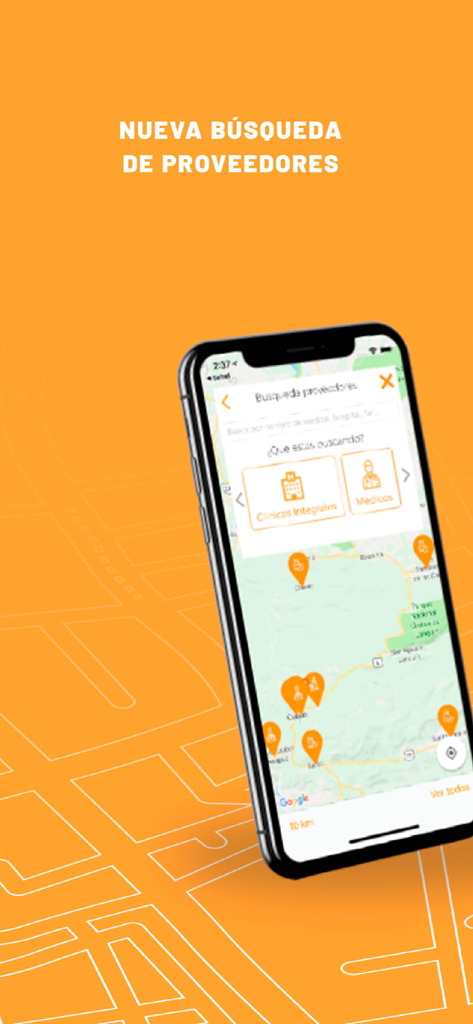 RobleRed mobile app interface for searching healthcare providers on a map