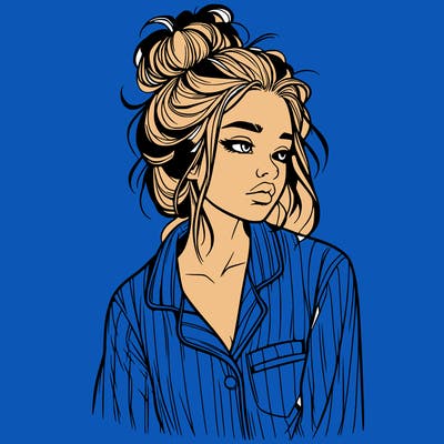 realistic woman with pajamas on and a messy bun