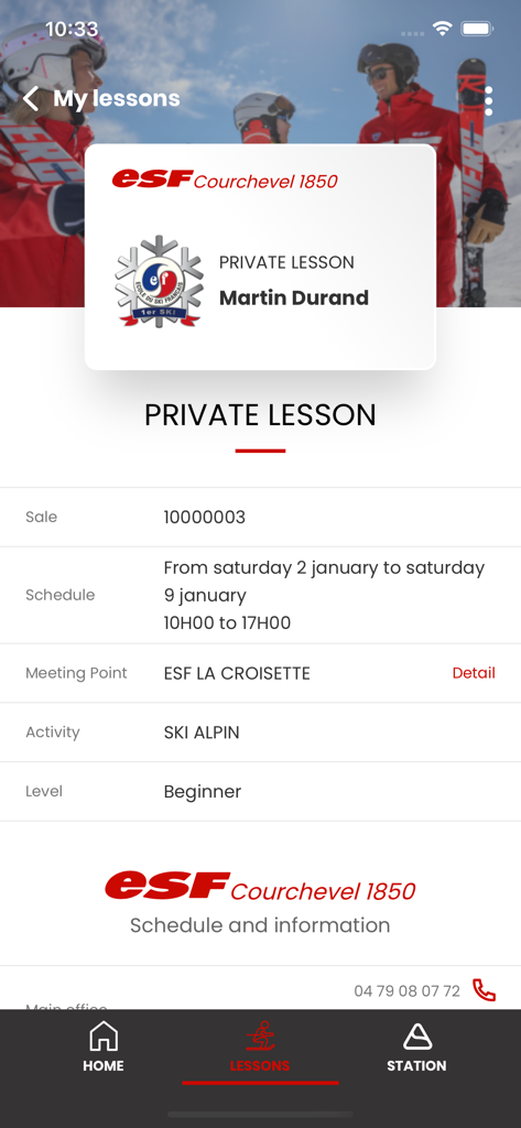 Digital lesson card in the my esf app showing the schedule and meeting point for a private ski lesson in Courchevel