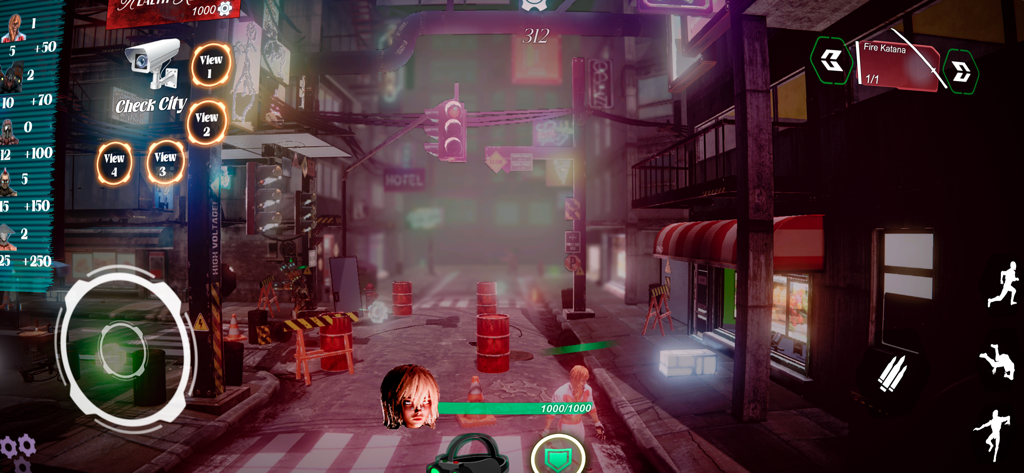 Cyber Night Neon City Arpg War - Gameplay screenshot of Cyber Night Neon City showing a neon-lit urban street with camera hacking interface and action controls.
