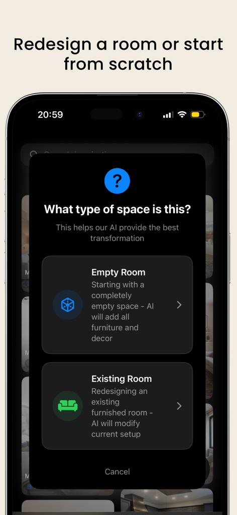 Room Planner - AI Home Design - Interface do aplicativo Planejador de Ambientes IA mostrando opções para escolher entre um cômodo vazio ou um cômodo existente para reforma.