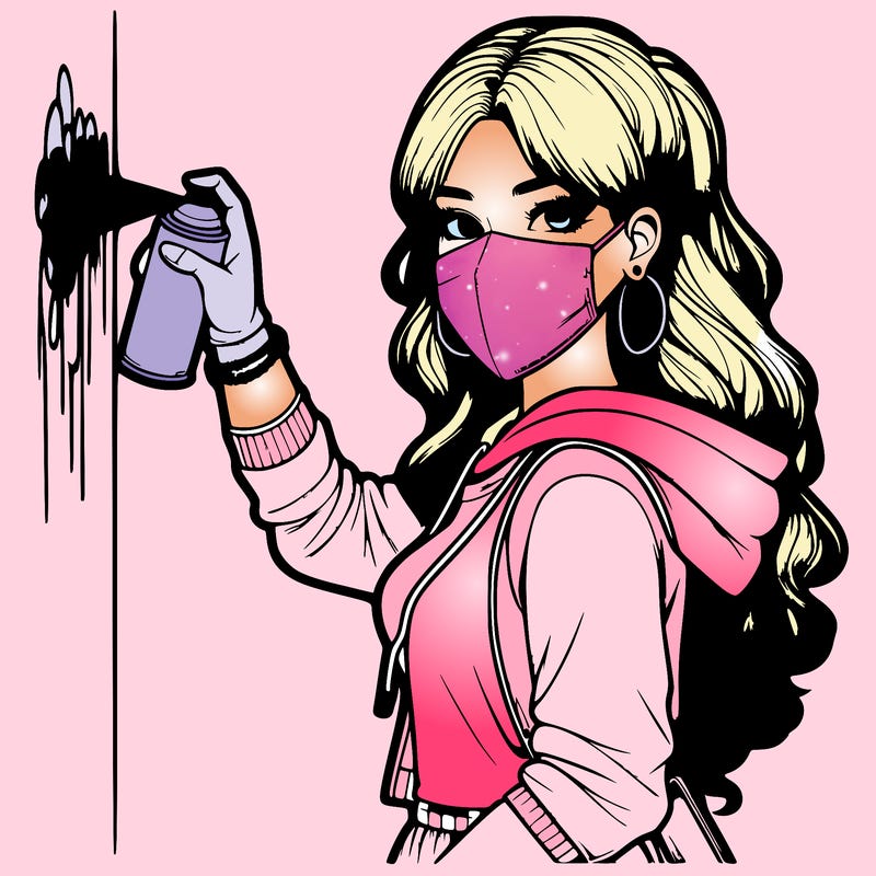 realistic girl with mask spray painting a wall
