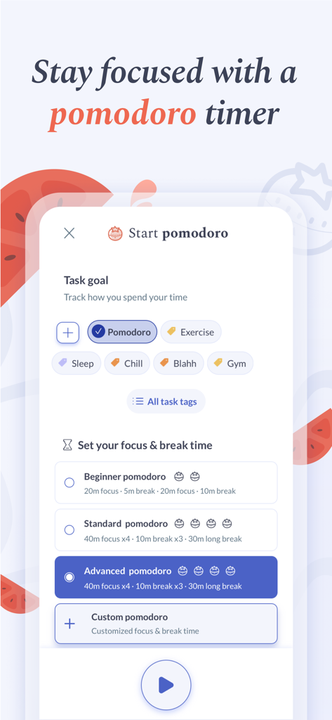 Interface de l'application Flipd montrant les paramètres du minuteur Pomodoro et les catégories de tâches.