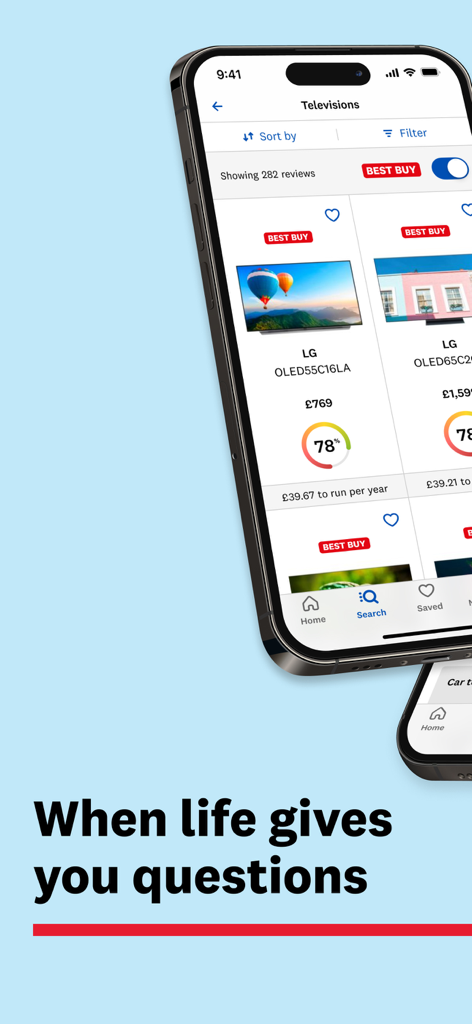 Interface da aplicação Which mostrando avaliações de televisão com classificações de Melhor Compra e comparações de preços