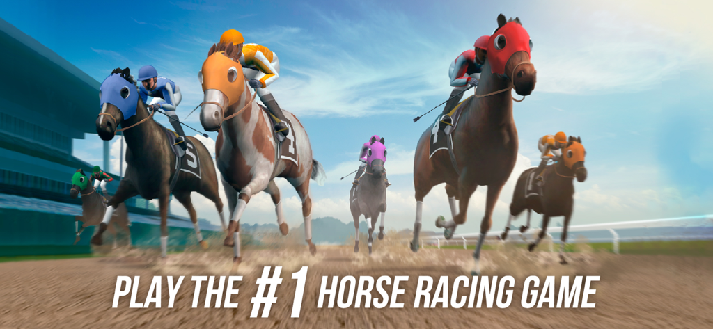 Photo Finish Horse Racing - Several horses and jockeys in colorful gear competing in a horse race on a dirt track